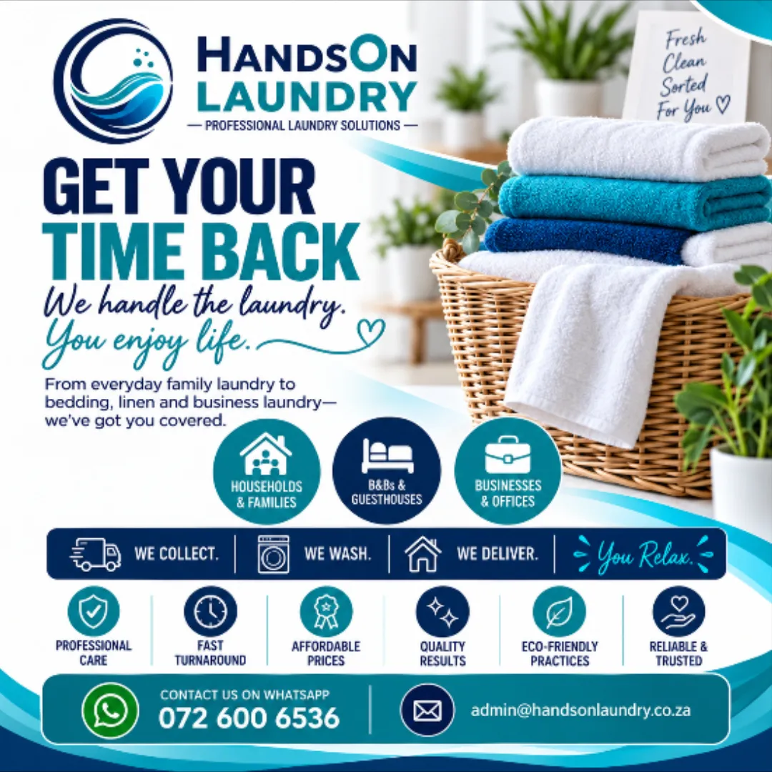 HandsOn Laundry advertisement offering professional laundry collection, washing, and delivery services for households, B&Bs, and businesses in Musgrave, Berea, and Durban.