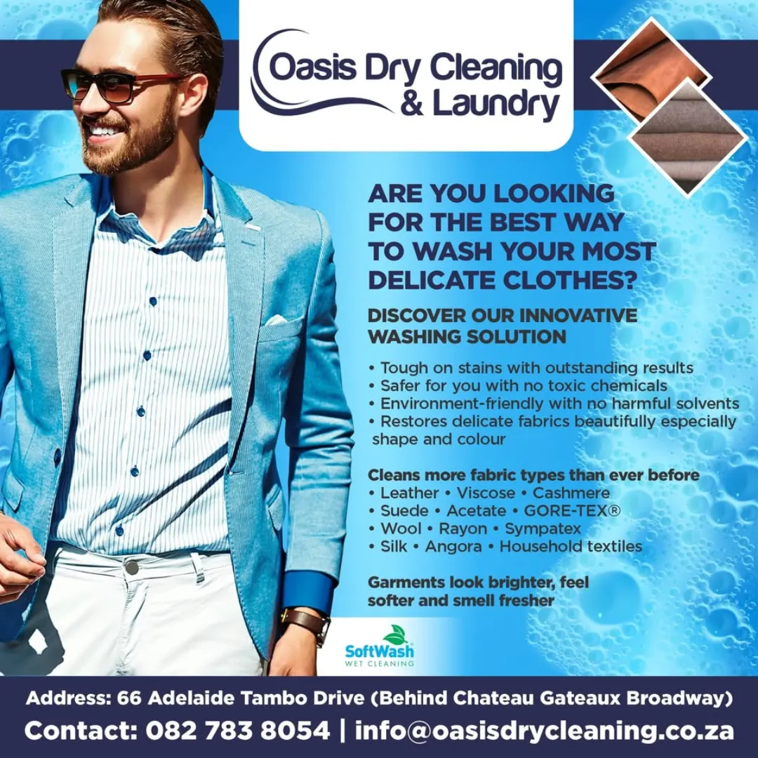 Oasis Dry Cleaning & Laundry promotional banner showcasing SoftWash eco-friendly wet cleaning for delicate fabrics like leather, silk, cashmere, and suede with branches in Durban North and Glenwood.