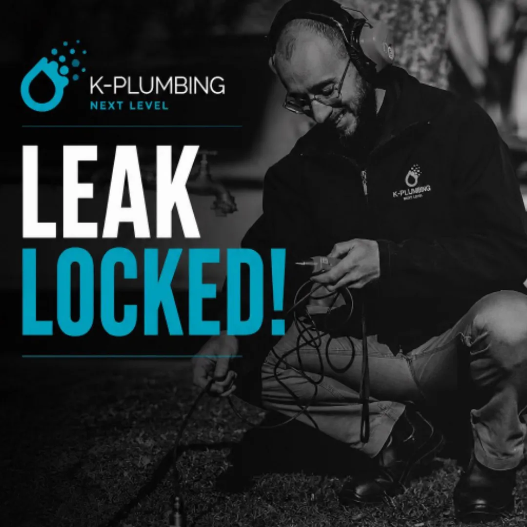 K-Plumbing artisan plumber using specialized acoustic leak detection equipment and headphones to locate a hidden underground water leak in Pretoria, with text reading Leak Locked.